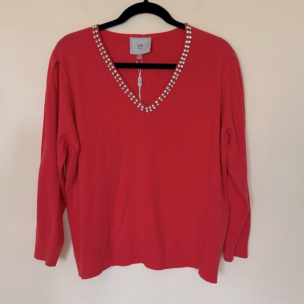 Liv Milano Women’s Red Strawberry Rhinestone Collar Sweater size Large New